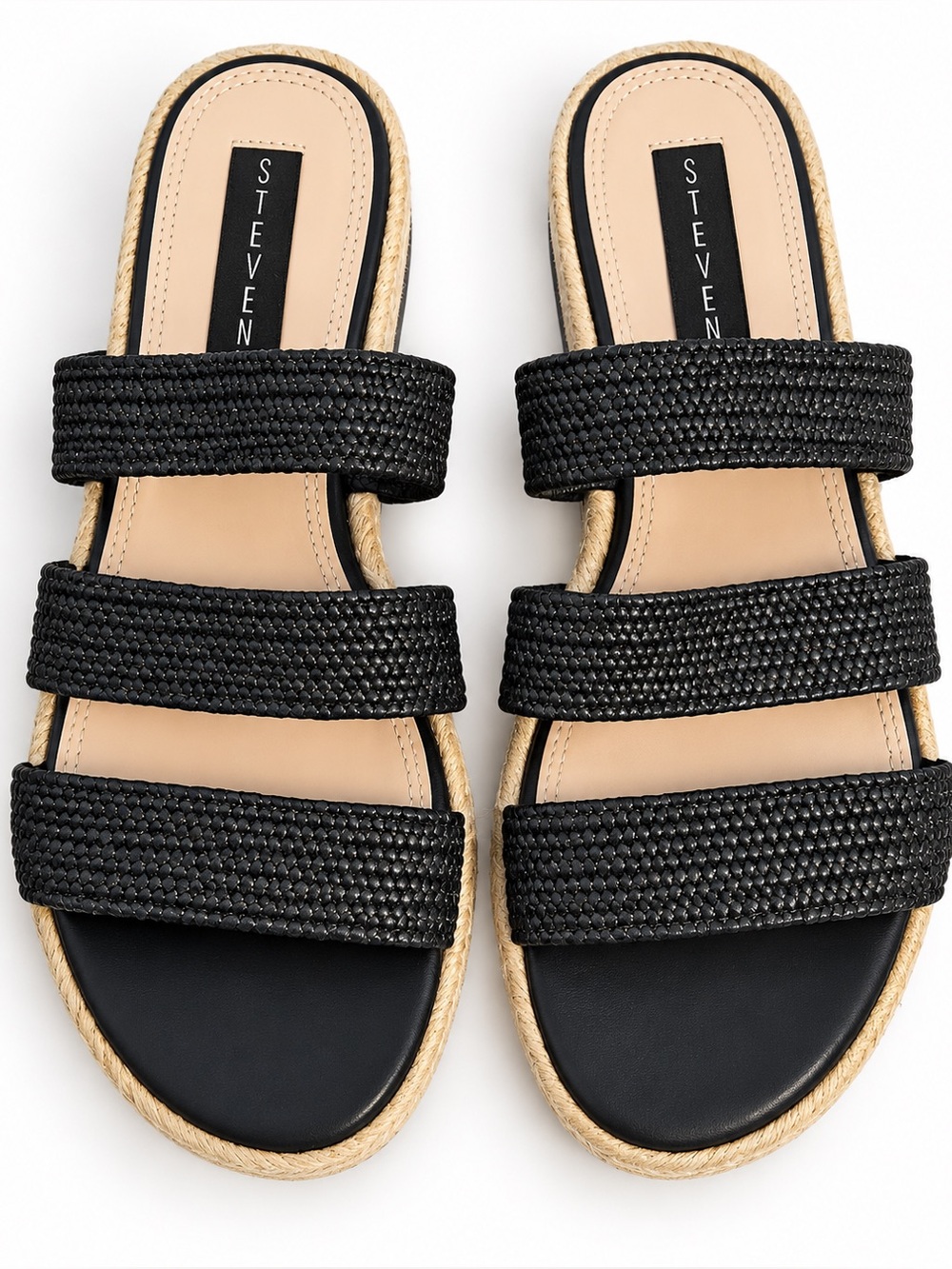 Steven by Steve Madden Black Triple-Strap Slide Sandals with Natural Rope Trim l